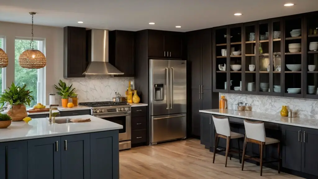 Split-view of a kitchen upgrade on a budget, showing before and after scenes with significant improvements in appliances, cabinetry, and lighting.