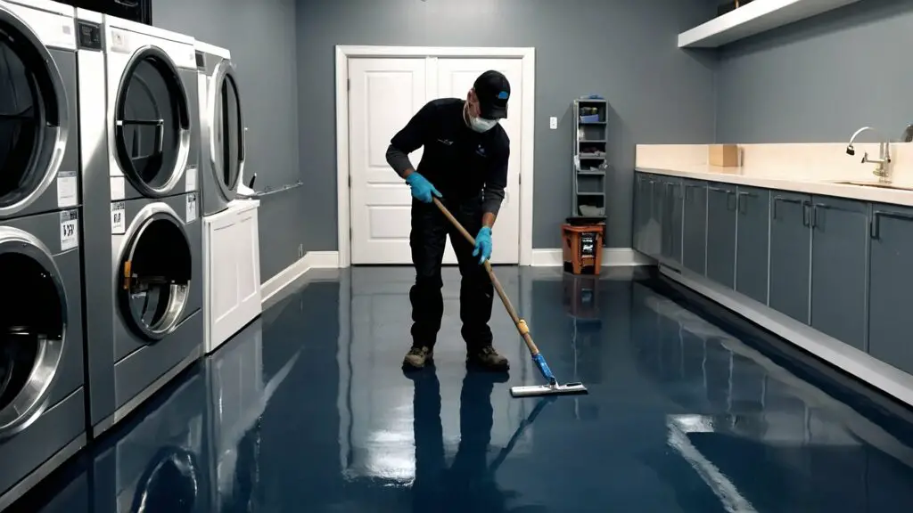 Professional installer applying metallic epoxy coating to laundry room floor, with tools and materials.

