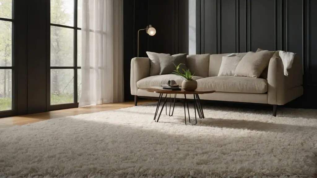 A clean and bright living room showing a spotless carpet and a vacuum cleaner, emphasizing the importance of post-cleaning care for longevity.