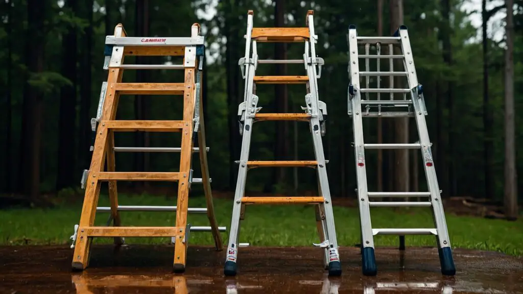 Comparative image of aluminum, fiberglass, and wood ladders against backgrounds representing their durability and best use scenarios.