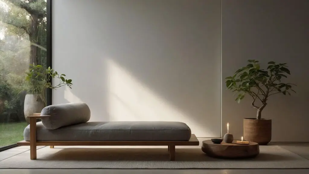 A tranquil meditation corner in a minimalist setting, representing the practice of spiritual minimalism.