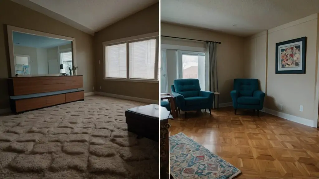 Split-screen image contrasting successful carpet installation in a furnished room with a thumbs-up, against a failed attempt marked by a thumbs-down, highlighting the decision-making process.