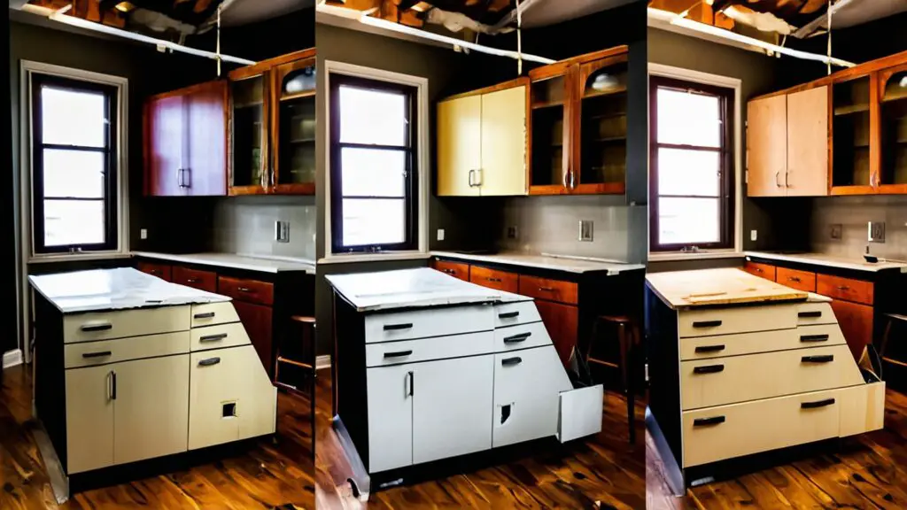 Composite image depicting the stages of kitchen island replacement, from demolition to the final stylish, functional setup.