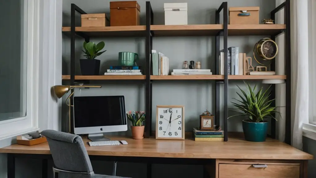 A neatly organized home office highlighting the success of maintaining a decluttered space through routine and discipline, with labeled boxes and a clear workspace.
