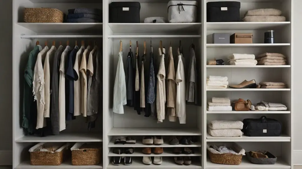 Organized closet with labeled compartments and a tablet showing a decluttering app, highlighting post-decluttering maintenance strategies.