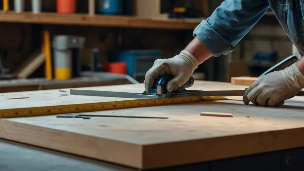A person in safety gear preparing to cut cultured marble, emphasizing the importance of accurate measuring and marking.