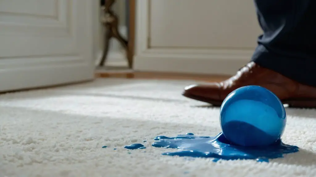 A close-up of a hand reaching to clean up a spill of blue egg dye on a white carpet with a clock emphasizing the need for immediate action.