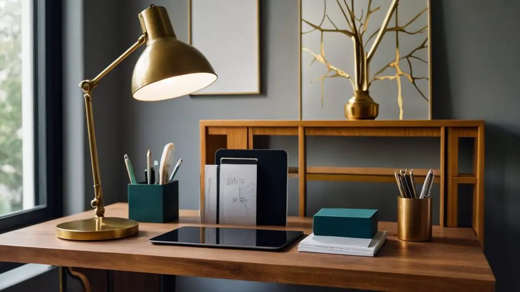 Stylish workspace with a gap filler matching the desk's wood grain, surrounded by chic decor, illustrating aesthetic considerations in gap filler choices.