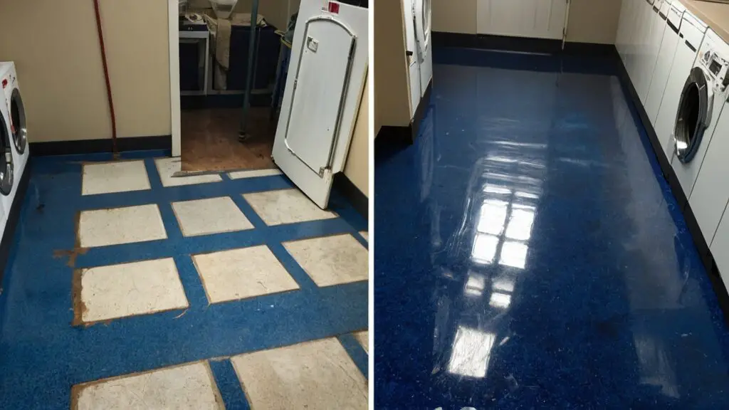Before and after comparison of laundry room floor, from outdated to modern with blue epoxy.

