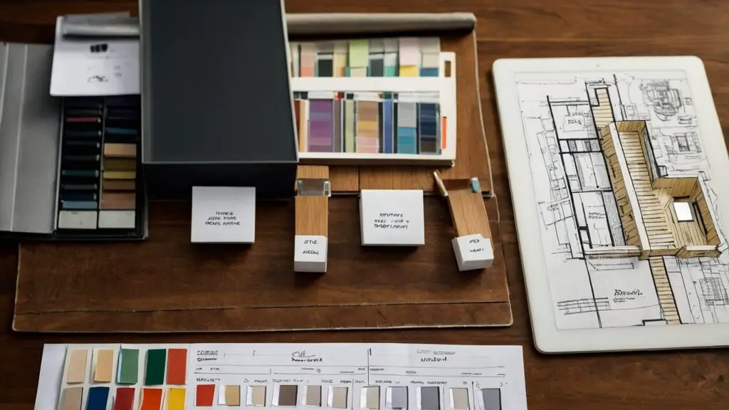 A desk filled with renovation plans, color swatches, and a digital tablet showing a 3D home model, symbolizing the planning stage of a home remodel.