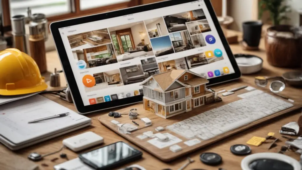 Collage of home renovation app icons surrounding a tablet displaying a project management app.