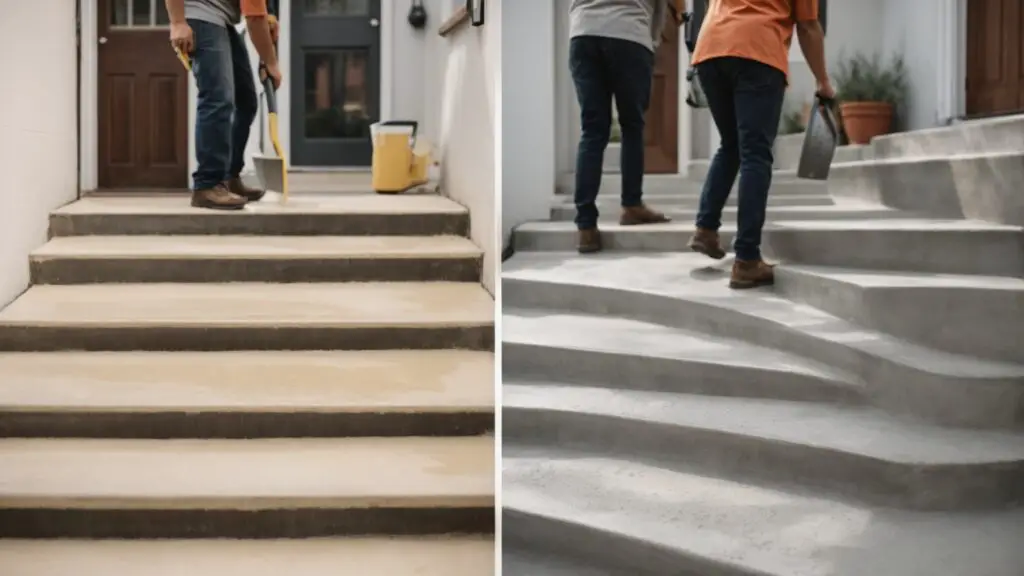 Step-by-step collage showing the process of DIY application of non-slip coating on concrete stairs.