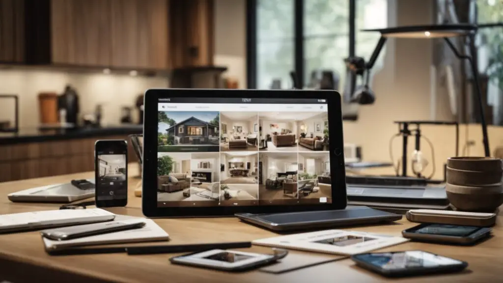 Devices displaying different features of a home design app, including 3D modeling, design galleries, and contractor contacts.