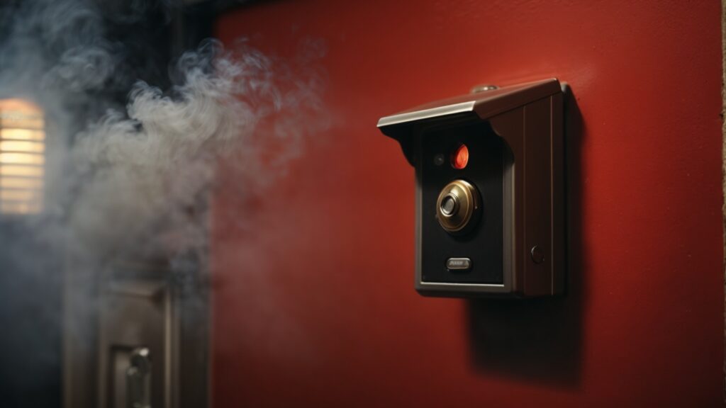 A doorbell on a house wall with rising smoke and a red warning light, illustrating fire risks.