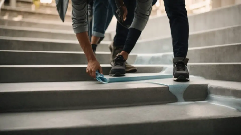 Image of a person applying non-slip coating on concrete stairs, demonstrating a specific tip or trick in the application process.
