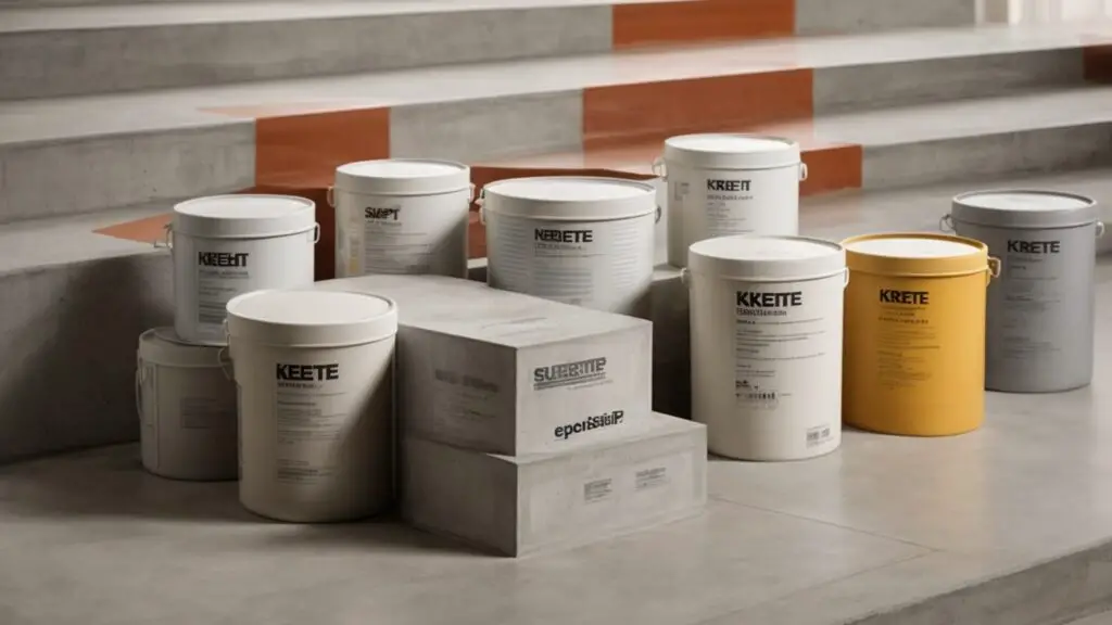 Assortment of concrete stair coating products from various brands displayed with a subtle background of stair outlines.