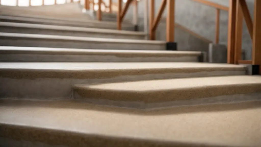 Close-up of a concrete stair coated with a textured, non-slip surface, emphasizing its granular grip-enhancing features.