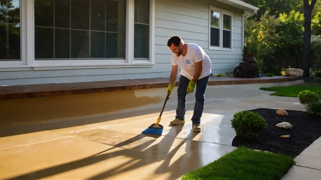 Homeowner cleaning a vibrant epoxy patio with a broom and mild soap solution, highlighting the easy maintenance of epoxy surfaces.