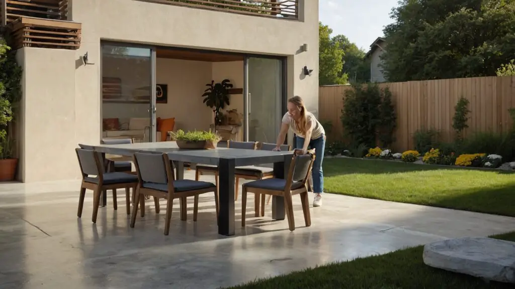 Family enjoying a spotless concrete patio, surrounded by cleaning tools and products, celebrating the ease of achieving cleanliness.