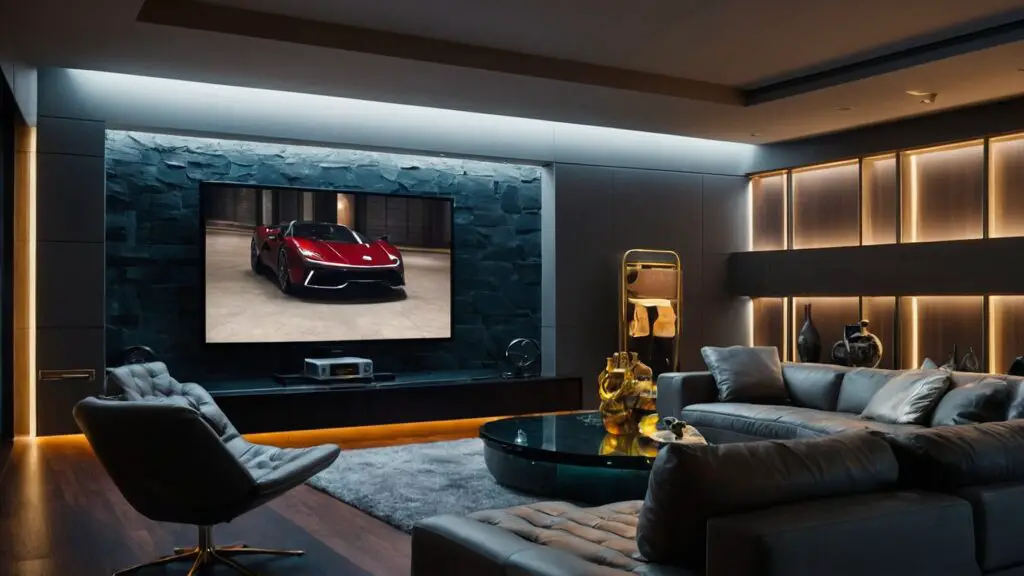 A cozy man cave setup focusing on comfort and technology with a plush recliner, smart lighting, and modern furniture for a relaxing experience.