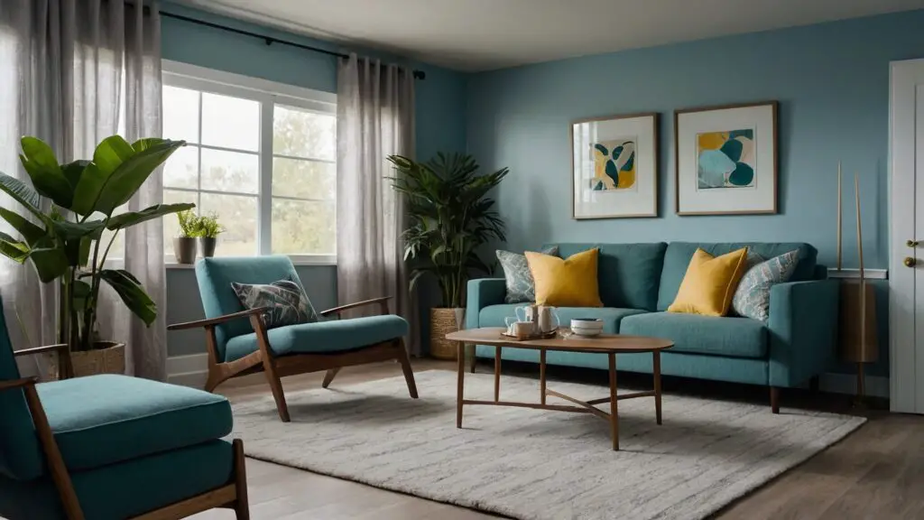 Cozy mobile home interior with light blue walls and modern furnishings, showing how accents can enhance living spaces.