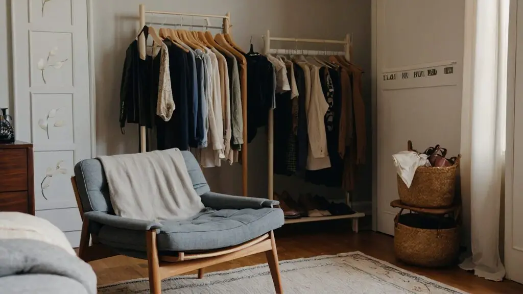 A comfortable and well-prepared space for an effective and reflective closet cleanout session, including a mirror, clothing rack, and a cozy sitting area.