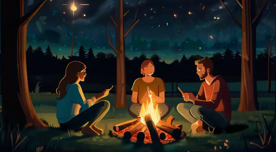 Friends enjoying a campfire in the woods, roasting marshmallows and sharing stories, emphasizing the happiness found in disconnecting from the internet.