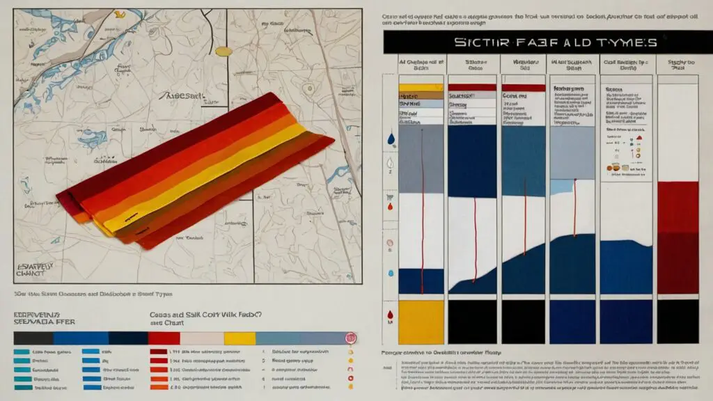 Colorful chart with fabric swatches indicating each type's stain resistance on a battlefield map backdrop, highlighting strategic stain removal.