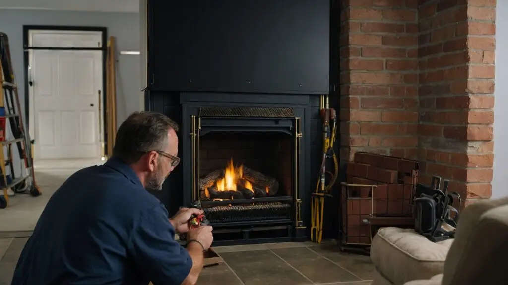 A technician inspects a basement fireplace, surrounded by maintenance tools, emphasizing the importance of regular upkeep.