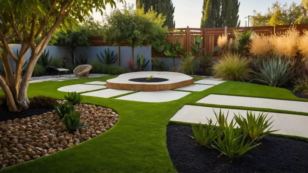 A garden showcasing four alternative landscaping solutions to grass, including stone patios, flower gardens, synthetic turf, and mulched beds with sculptures.