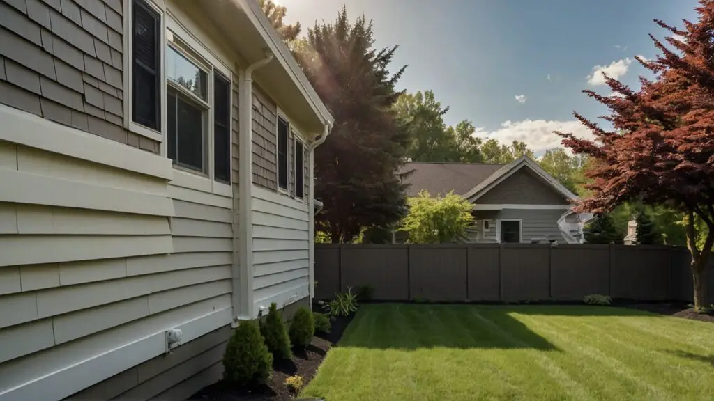 Homeowner carefully washing vinyl siding to maintain its color consistency, with a lush garden in the background, illustrating routine home maintenance.