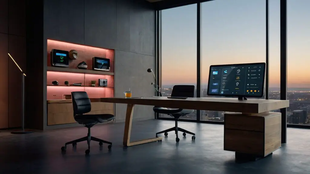 A modern ham shack with an adjustable desk, LED lighting, and smart technology, showcasing efficiency and personal flair.