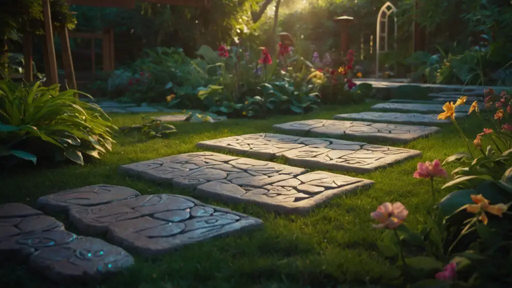 Stepping stones in a garden, each engraved with a DIY skill or tip, leading towards mastery with characters demonstrating various activities.