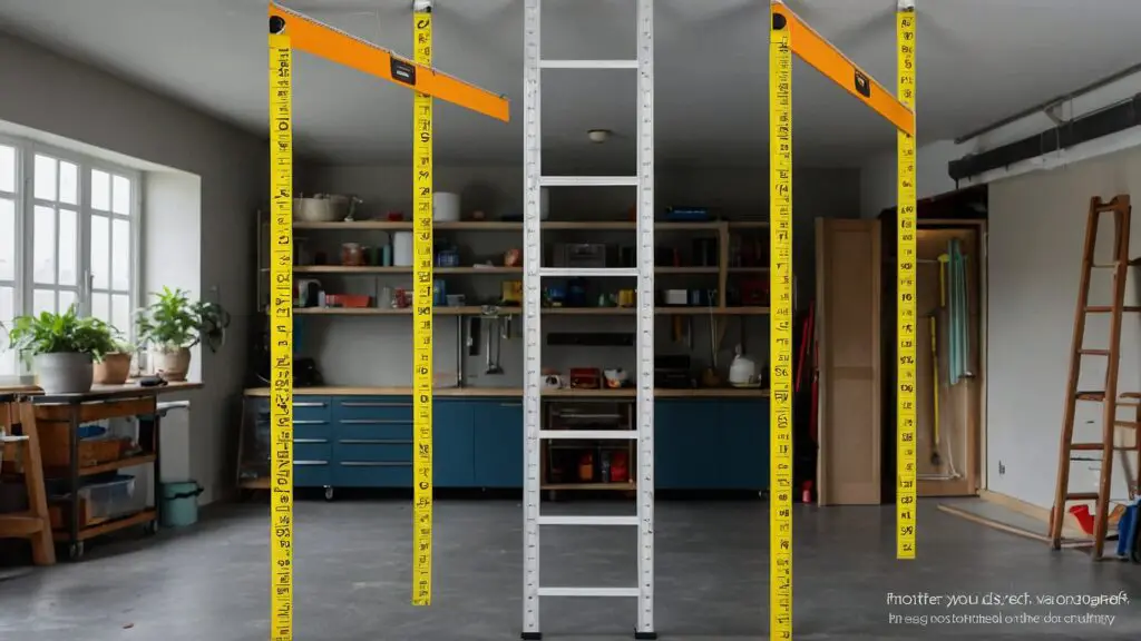 Infographic illustrating step-by-step instructions for measuring garage ceiling height, including gathering tools, climbing, measuring, and accounting for obstructions.
