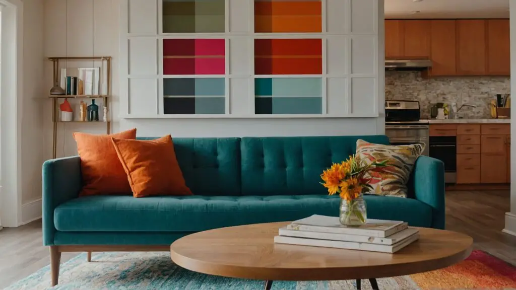 Interior of a mobile home with color swatches on a coffee table, emphasizing the importance of color choice in personalizing space.