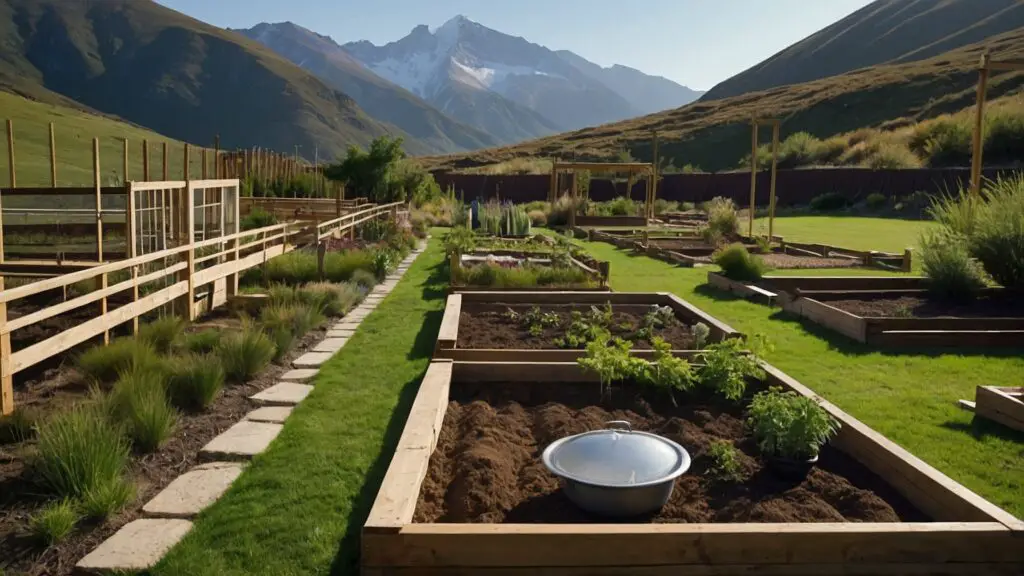 A mountain garden illustrating solutions to landscaping challenges such as acidic soil, rocky terrain, and strong winds.