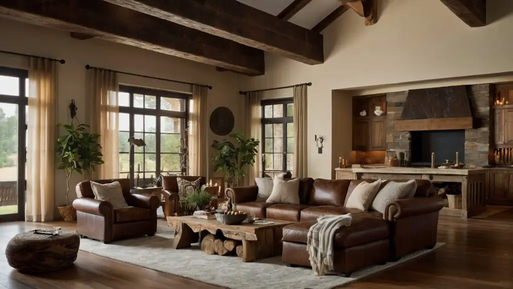 Elegantly designed room in rustic style with wooden beams, stone fireplace, and comfortable seating, showcasing comfort and elegance.