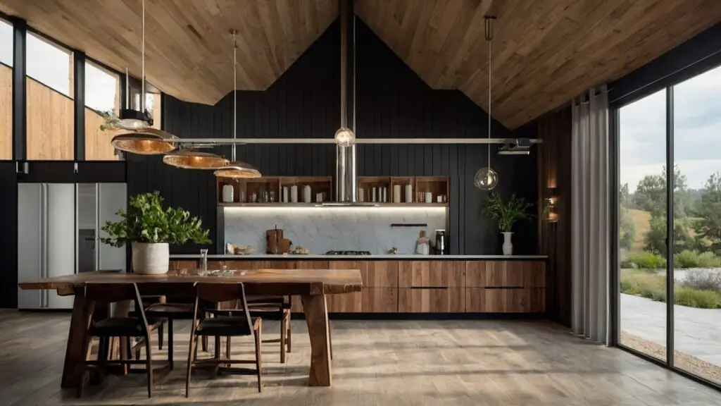 Illustration of a barndominium kitchen showcasing high ceilings, natural lighting, and a blend of rustic and modern elements.