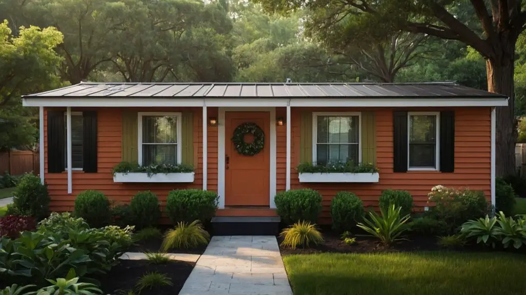 A mobile home painted in bold terra cotta with white trim and black shutters, highlighting the impact of exterior color on curb appeal.
