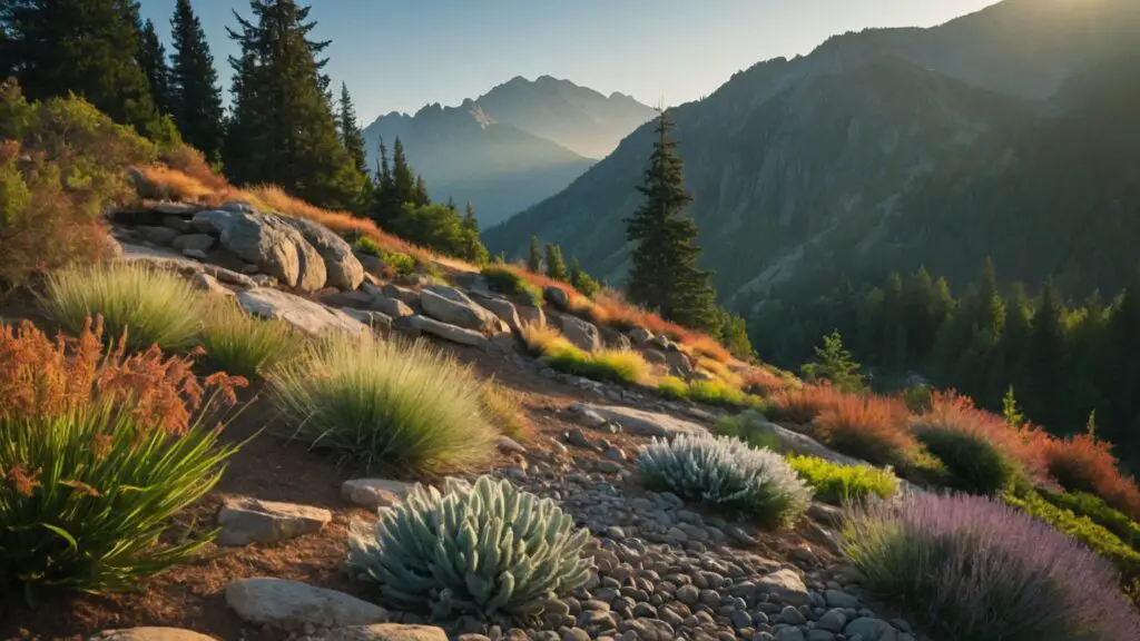 Morning mist over a mountain garden with native plants, rocks, and terracing, against a mountain range backdrop.