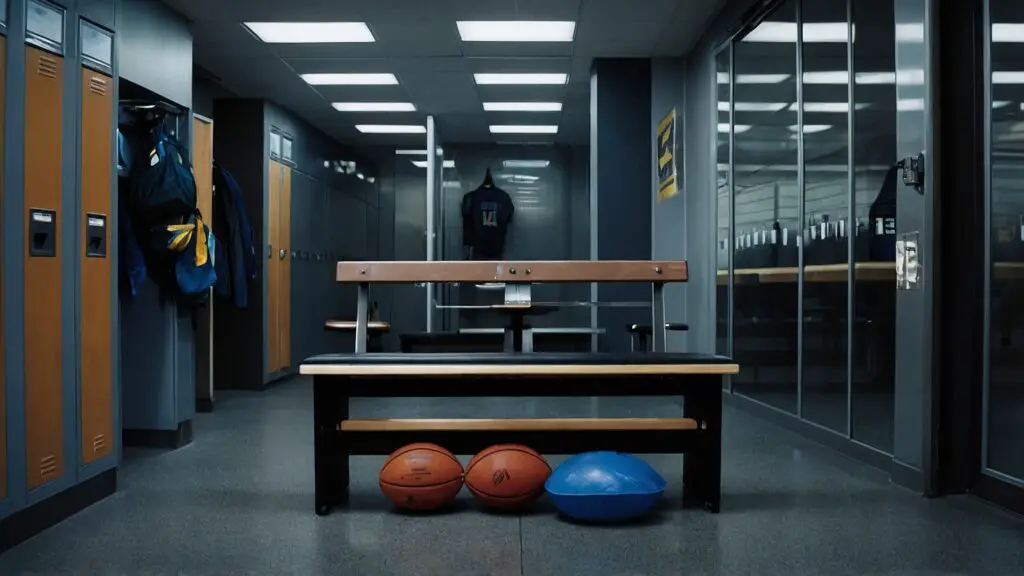 Organized sports bag on a locker room bench with preventive items to avoid eye black stains, showcasing proactive measures and organization.
