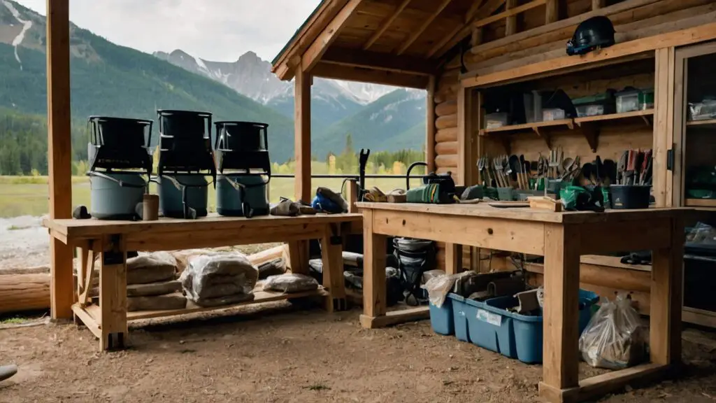 A workshop with labeled tools and materials for mountain landscaping, including shovels, rakes, gloves, and organic fertilizers.