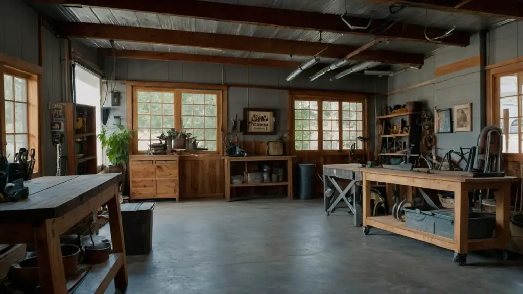 Creatively organized rustic garage interior with reclaimed wood shelves, custom metal benches, and vintage decor, blending indoors with nature.