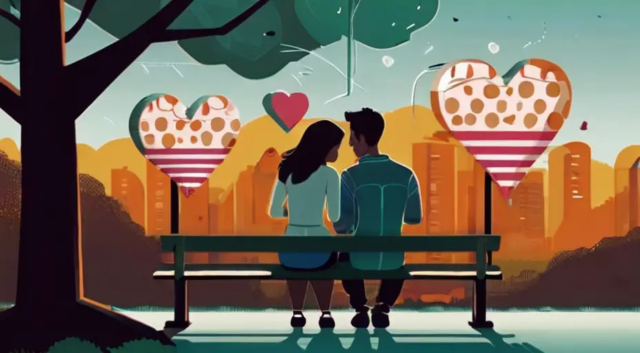 A young couple on a park bench using dating apps on their phones, with digital hearts floating above, highlighting the contrast between online and real-life connections.