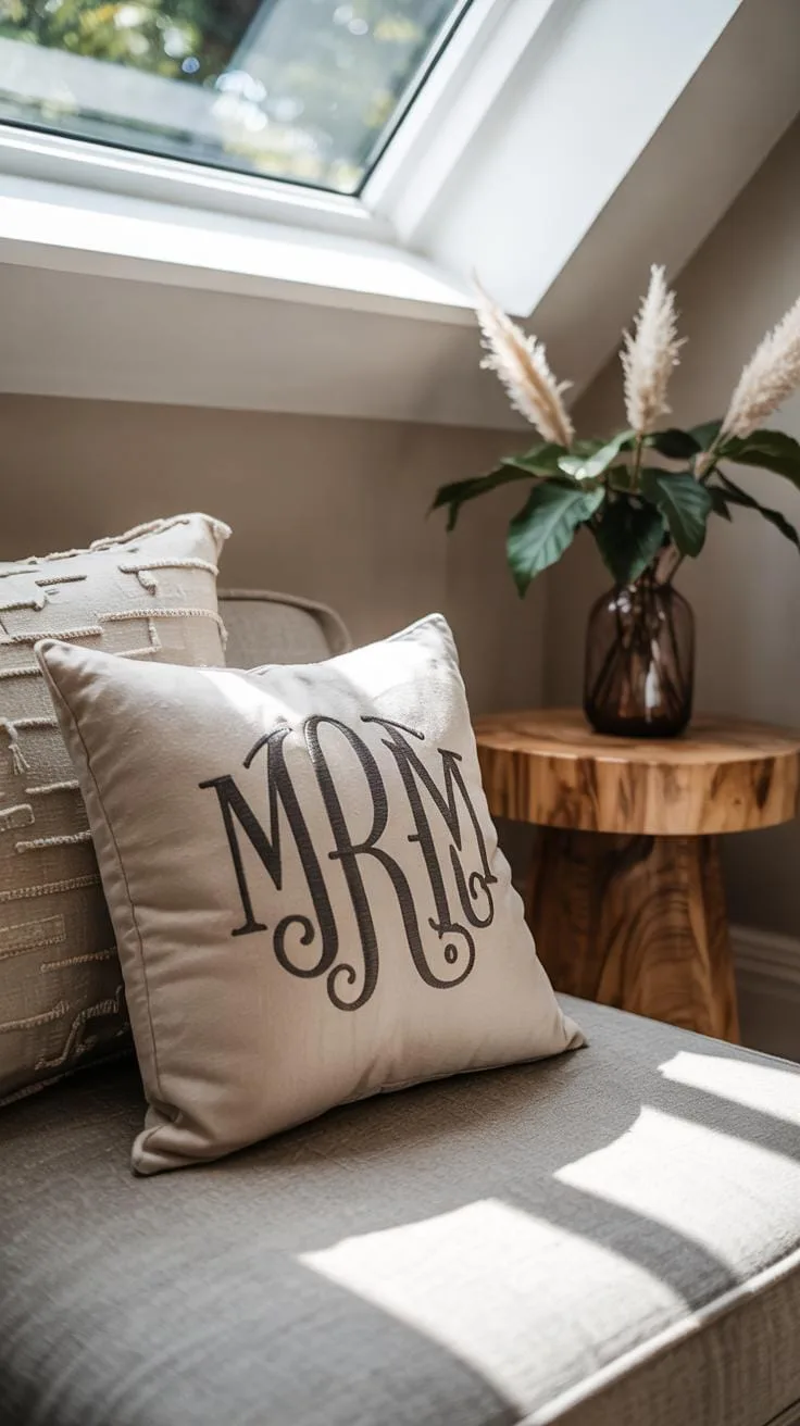 A close-up view of two light-colored throw pillows on a window seat, with the front pillow featuring a dark monogrammed design of the letters "MRM," n