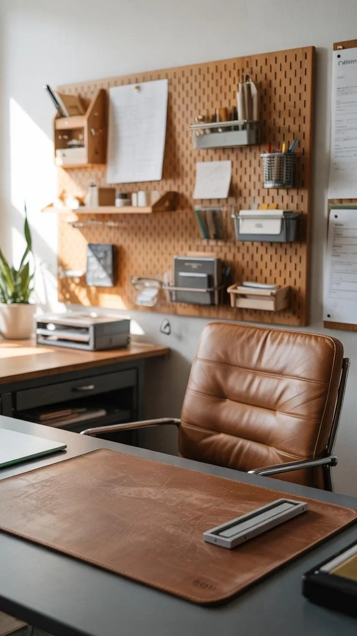 A modern home office setup features a brown leather chair, a large gray desk with a leather blotter, and a wooden pegboard organization system on the