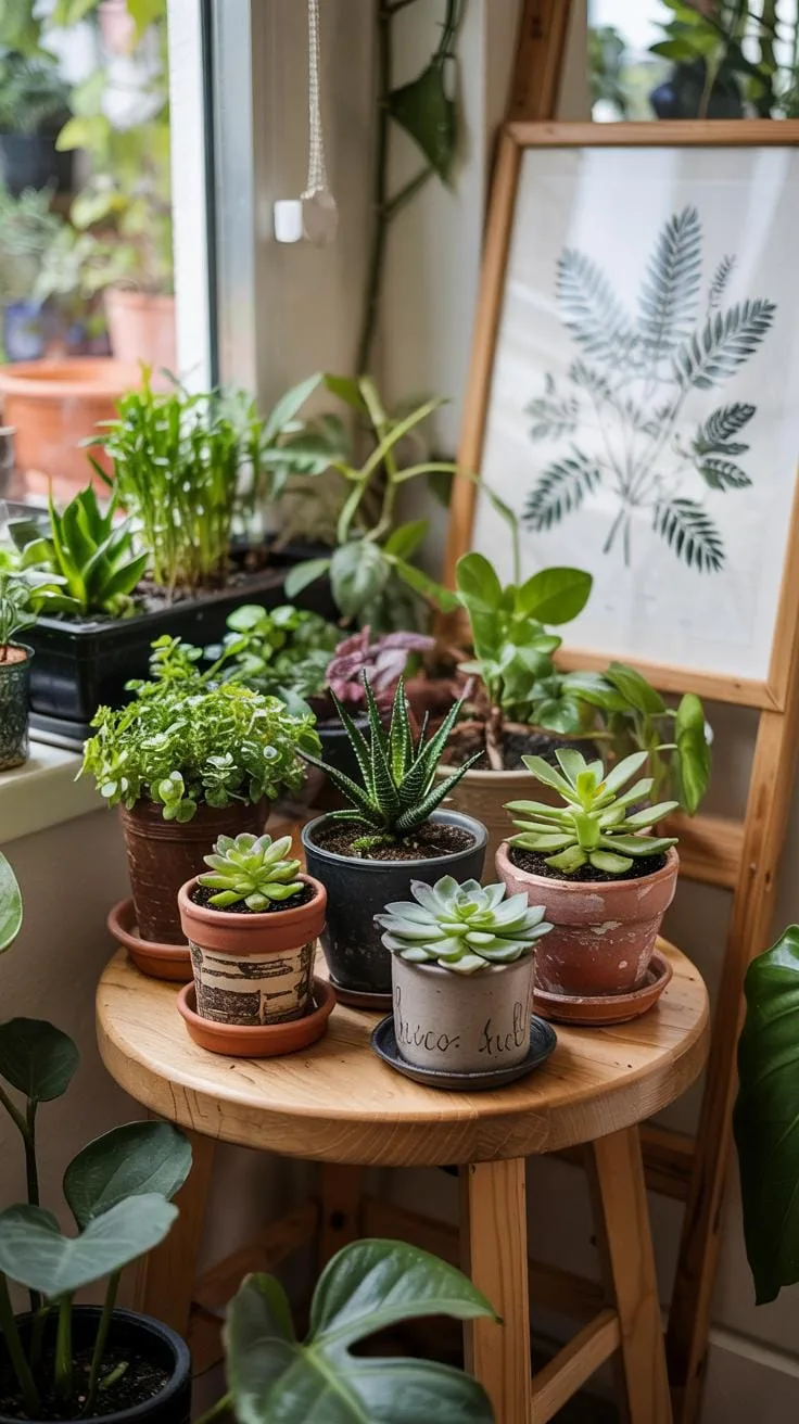A sunlit indoor corner features a collection of potted houseplants on a small round wooden stool and a windowsill, with a botanical print in a wooden