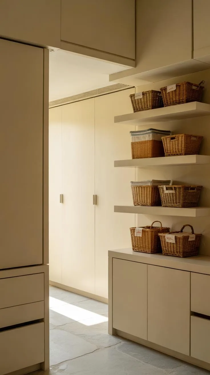 A clean and organized laundry room features light cream-colored cabinets and floating shelves on a light-colored wall, holding several woven wicker ba