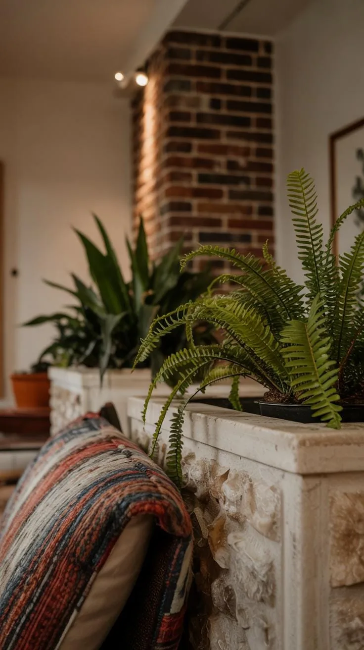 A close-up shot of a textured, stone-like planter filled with lush green plants, including ferns and snake plants, with a colorful striped blanket dra
