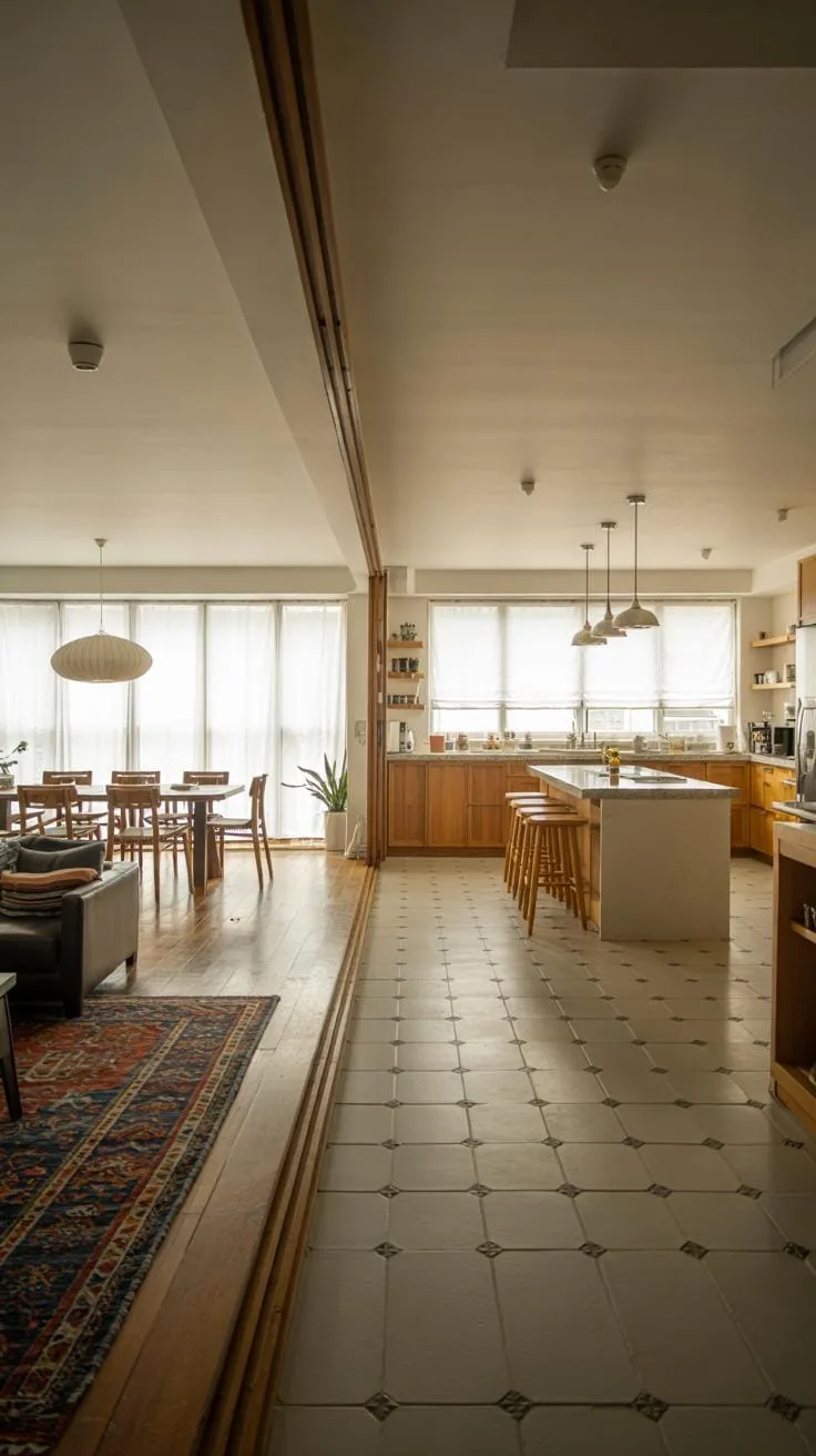 A bright, open-plan living space features a dining area with a round wooden table and chairs, a cozy sitting area with an ornate rug, and a modern kit